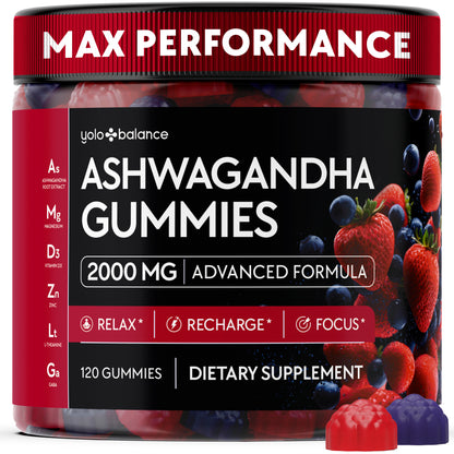 Ashwagandha Gummies – 120 Count - 2000 MG Ashwagandha Supplements with L-Theanine, GABA, Magnesium, Zinc & Vitamin D3 – Sugar-Free, Vegan, Non-GMO–Natural Support for Balance